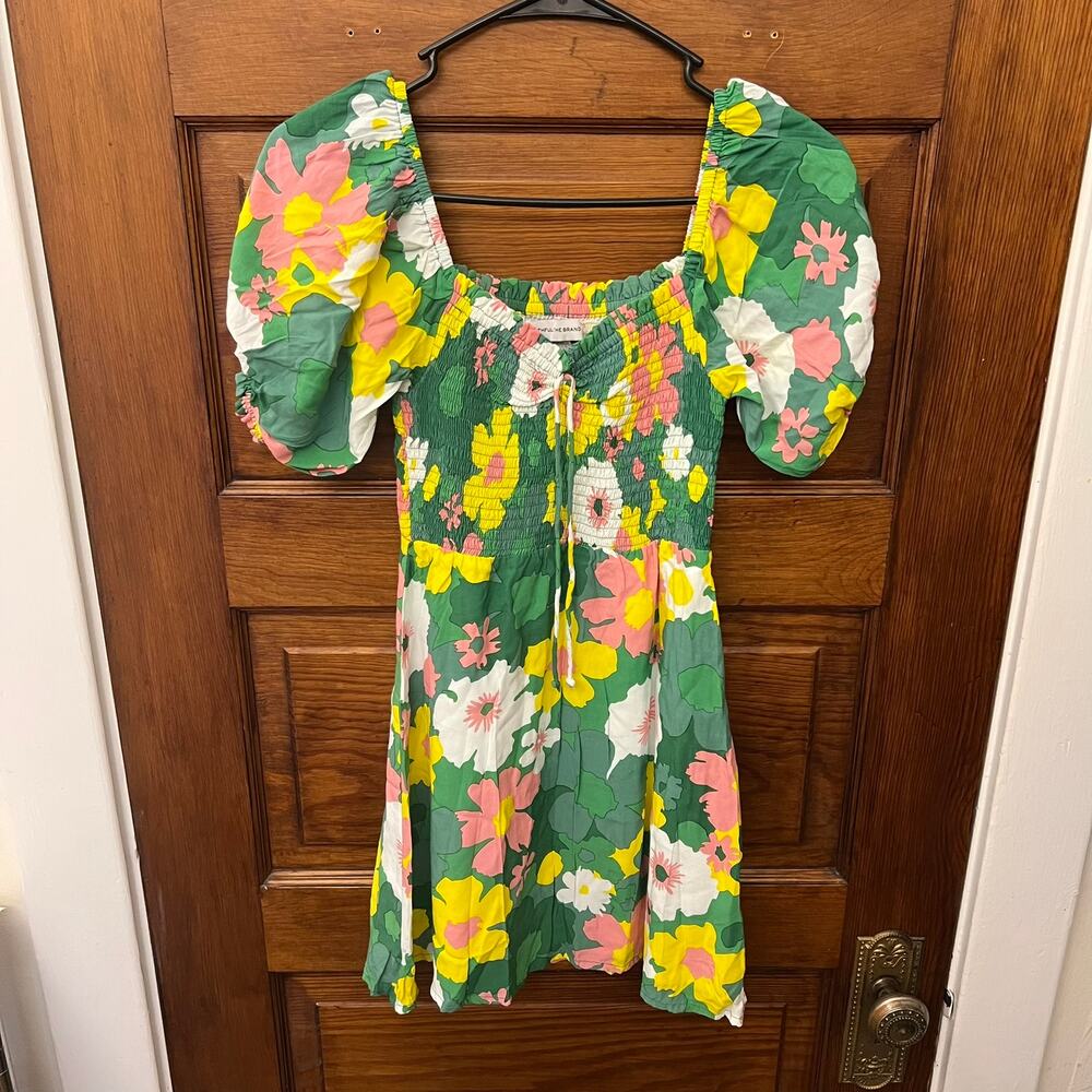 Faithfull the Brand Domenica Floral Print Mini Dress Green Smocked US 2 $159